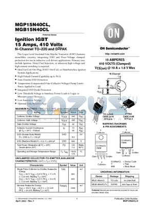 MGB15N40CL datasheet - Ignition IGBT 15 Amps, 410 Volts