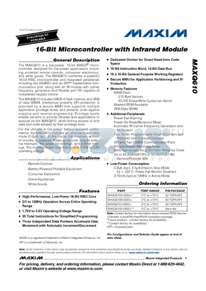 MAXQ610A-0000+ datasheet - 16-Bit Microcontroller with Infrared Module