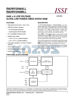 IS62WV2568BLL-55BI datasheet - 256K x 8 LOW VOLTAGE, ULTRA LOW POWER CMOS STATIC RAM