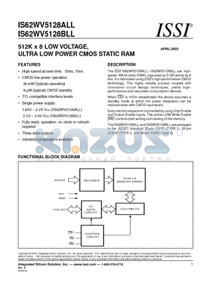 IS62WV5128ALL datasheet - 512K x 8 LOW VOLTAGE, ULTRA LOW POWER CMOS STATIC RAM