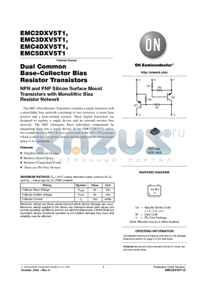 EMC2DXV5T1G datasheet - Dual Common Base−Collector Bias Resistor Transistors NPN and PNP Silicon Surface Mount Transistors with Monolithic Bias Resistor Network