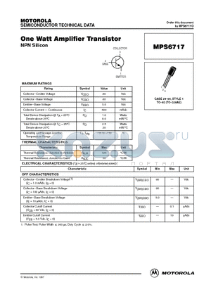 MPS6717RLRA datasheet - One Watt Amplifier Transistor