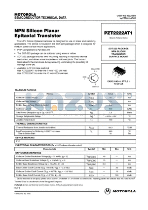 PZT2222AT1 datasheet - NPN SILICON TRANSISTOR SURFACE MOUNT