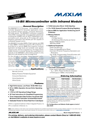 MAXQ610_11 datasheet - 16-Bit Microcontroller with Infrared Module 1.70V to 3.6V Operating Voltage Range