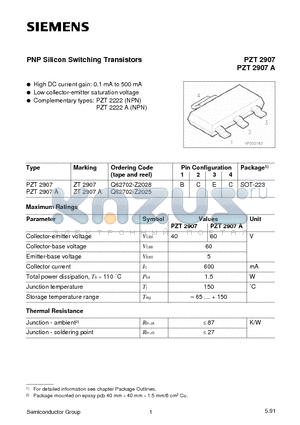 PZT2907 datasheet - PNP Silicon Switching Transistors
