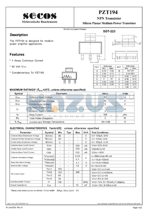 PZT194 datasheet - Silicon Planar Medium Power Transistor