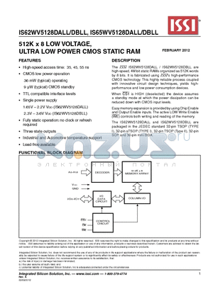 IS62WV5128DALL datasheet - 512K x 8 LOW VOLTAGE, ULTRA LOW POWER CMOS STATIC RAM