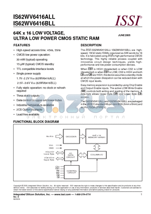 IS62WV6416ALL-55BLI datasheet - 64K x 16 LOW VOLTAGE, ULTRA LOW POWER CMOS STATIC RAM