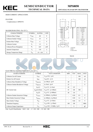 MPS8050 datasheet - EPITAXIAL PLANAR NPN TRANSISTOR (HIGH CURRENT)