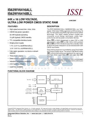 IS62WV6416ALL-55B datasheet - 64K x 16 LOW VOLTAGE, ULTRA LOW POWER CMOS STATIC RAM