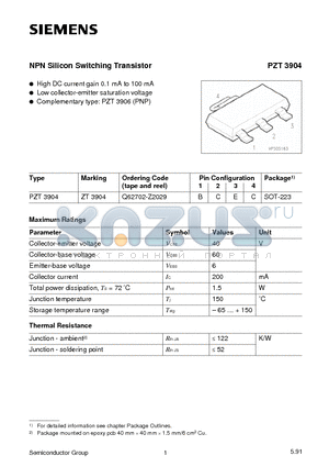 PZT3904 datasheet - NPN Silicon Switching Transistor