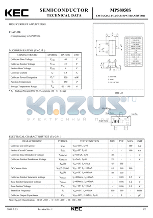 MPS8050S datasheet - EPITAXIAL PLANAR NPN TRANSISTOR (HIGH CURRENT)