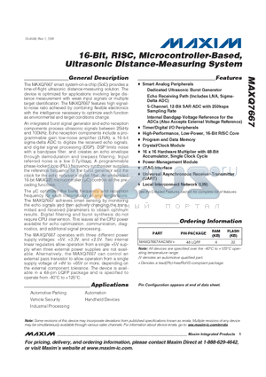 MAXQ7667AACM/V+ datasheet - 16-Bit, RISC, Microcontroller-Based, Ultrasonic Distance-Measuring System