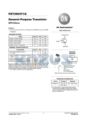 PZT3904T1G datasheet - General Purpose Transistor