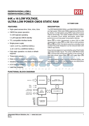 IS62WV6416DALL datasheet - 64K x 16 LOW VOLTAGE, ULTRA LOW POWER CMOS STATIC RAM