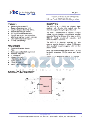 PIC6117 datasheet - 800mA Ultra-Low Dropout, Ultra-Fast CMOS LDO Regulator