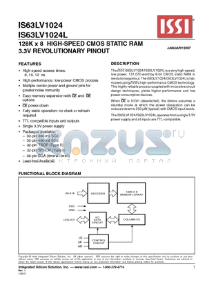 IS63LV1024-10KI datasheet - 128K x 8 HIGH-SPEED CMOS STATIC RAM 3.3V REVOLUTIONARY PINOUT