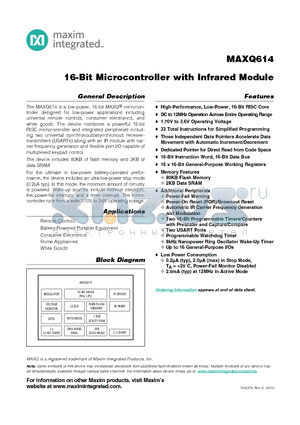 MAXQ614 datasheet - 16-Bit Microcontroller with Infrared Module