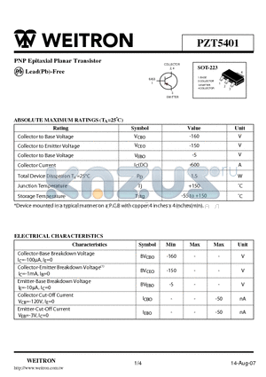 PZT5401 datasheet - PNP Epitaxial Planar Transistor