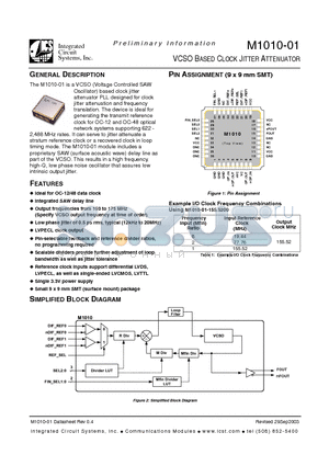 M1010-01 datasheet - VCSO BASED CLOCK JITTER ATTENUATOR