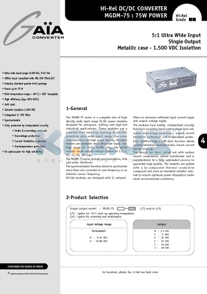 MGDM-75 datasheet - Hi-Rel DC/DC CONVERTER 75W POWER