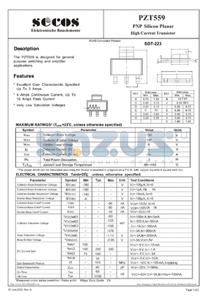 PZT559 datasheet - PNP Silicon Planar