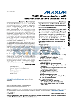 MAXQ622G-0000 datasheet - 16-Bit Microcontrollers with Infrared Module and Optional USB