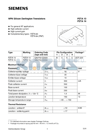 PZTA13 datasheet - NPN Silicon Darlington Transistors