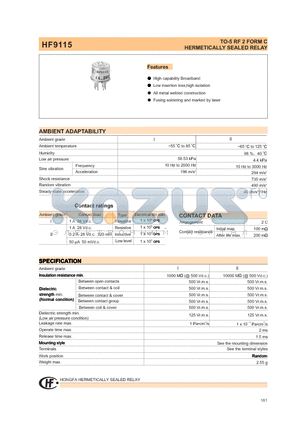 HF9115-012-02-2 datasheet - TO-5 RF 2 FORM C HERMETICALLY SEALED RELAY