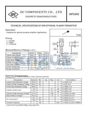 MPSA05 datasheet - TECHNICAL SPECIFICATIONS OF NPN EPITAXIAL PLANAR TRANSISTOR
