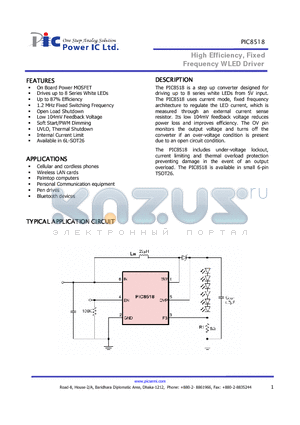 PIC8518 datasheet - High Efficiency, Fixed Frequency WLED Driver