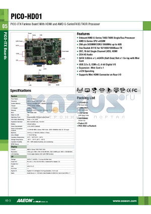 PICO-HD01-A10 datasheet - PICO-ITX Fanless Board With HDMI and AMD G-SeriesT40E/T40R Processor