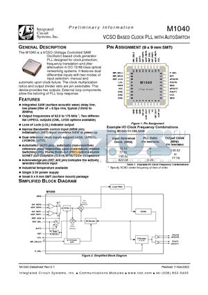 M1040-11I155.5200 datasheet - VCSO BASED CLOCK PLL WITH AUTOSWITCH