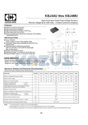 KBJ4DU datasheet - Glass Passivated Single-Phase Bridge Rectifiers