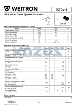 PZTA44 datasheet - NPN Silicon Planar Epitaxial Transistor