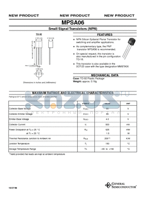 MPSA06 datasheet - Small Signal Transistors (NPN)