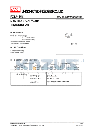 PZTA44L-AA3-R datasheet - NPN HIGH VOLTAGE TRANSISTOR