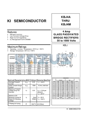 KBJ4B datasheet - 4 Amp GLASS PASS IVATED BRIDGE R ECTIFIE RS 50 to 1000 Volts