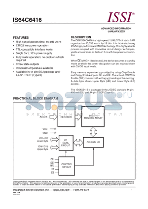 IS64C6416 datasheet - high-speed, 1,048,576-bit static RAM