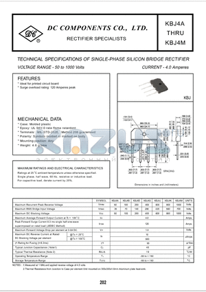 KBJ4D datasheet - TECHNICAL SPECIFICATIONS OF SINGLE-PHASE SILICON BRIDGE RECTIFIER