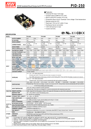PID-250 datasheet - 250W Isolated Dual Output with PFC Function