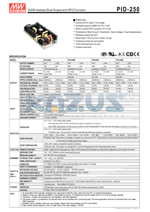 PID-250B datasheet - 250W Isolated Dual Output with PFC Function