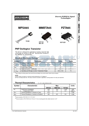 PZTA65 datasheet - PNP Darlington Transistor