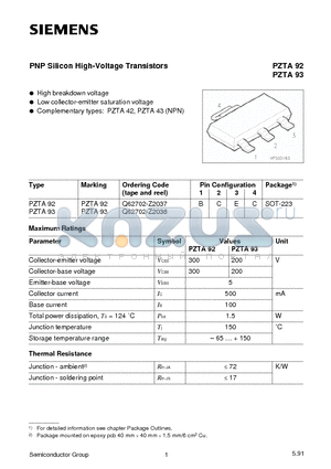 PZTA92 datasheet - PNP Silicon High-Voltage Transistors