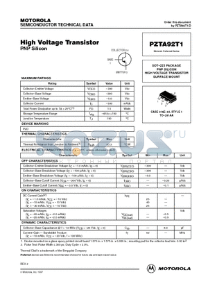 PZTA92T1 datasheet - PNP SILICON HIGH VOLTAGE TRANSISTOR SURFACE MOUNT