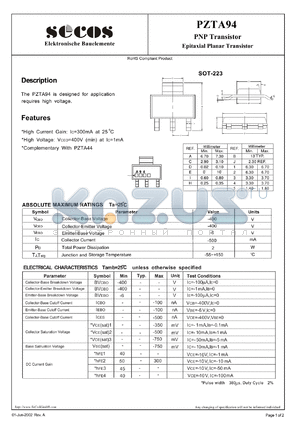 PZTA94 datasheet - Epitaxial Planar Transistor