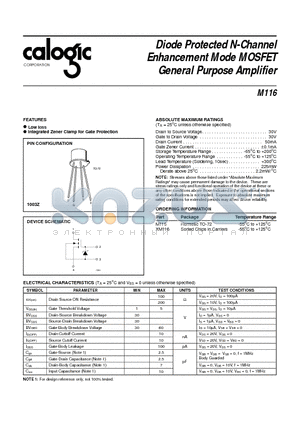 M116 datasheet - Diode Protected N-Channel Enhancement Mode MOSFET General Purpose Amplifier