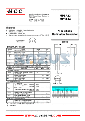 MPSA13 datasheet - NPN Silicon Darlington Transistor