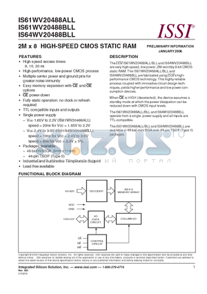 IS64WV20488BLL-10MA3 datasheet - 2M x 8 HIGH-SPEED CMOS STATIC RAM