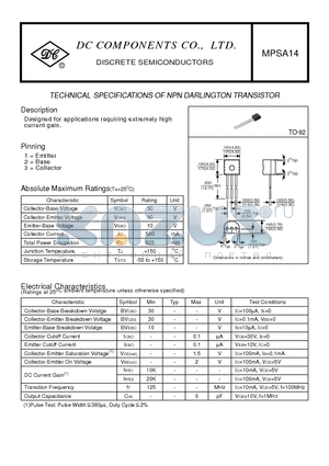 MPSA14 datasheet - TECHNICAL SPECIFICATIONS OF NPN DARLINGTON TRANSISTOR